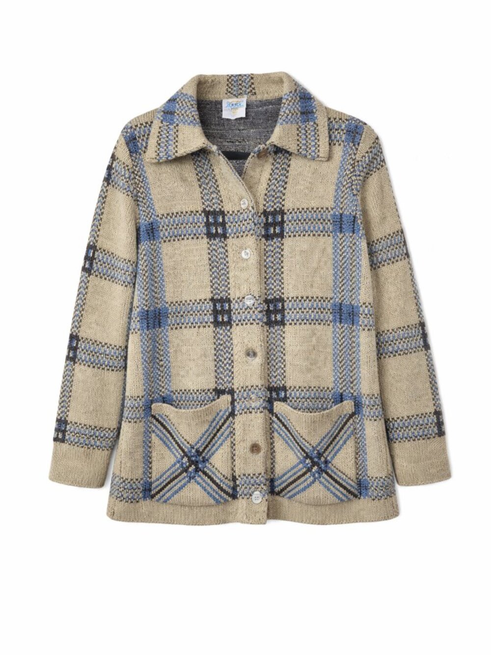 Vintage Plaid Cardigan, Tan & Blue Collared Button-Up, Size Large